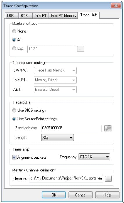 Trace Hub configuration screen