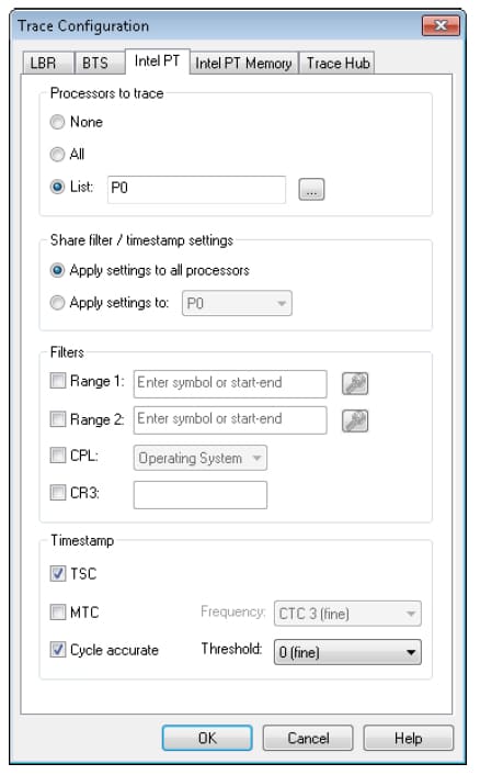 SP Trace Configuration window
