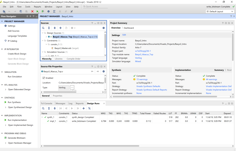 Vivado screen capture Basys3_Intro binary to decimal calculator