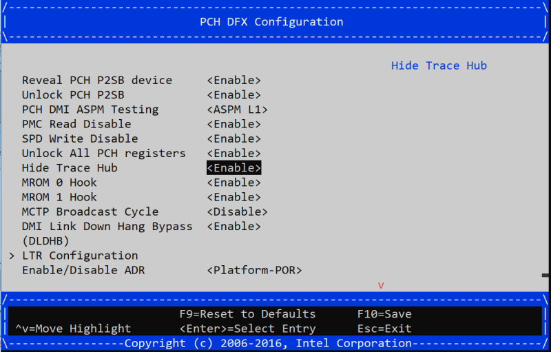 PCH DfX configuration Hide Trace Hub