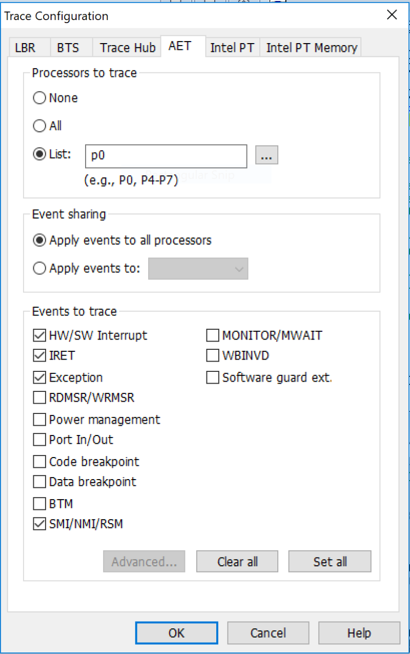 AET trace configuration interrupts