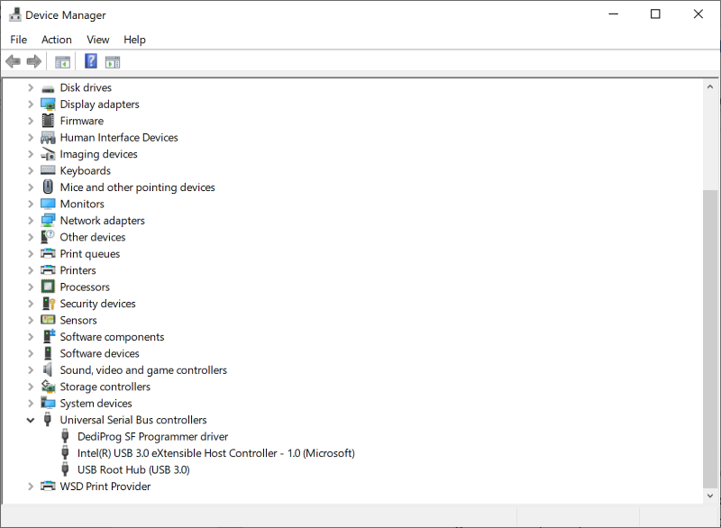 DediProg device manager driver in Universal Serial Bus controllers