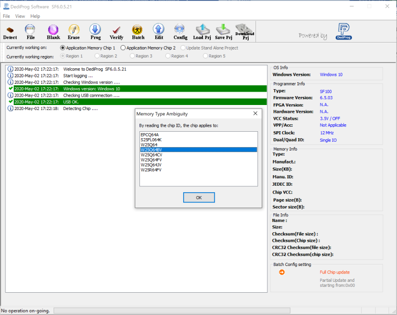 DediProg chip detect and select